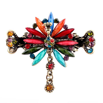 Rhinestone Antique Brass Finish Peacock Mini Claw w/ Tassels Colorful